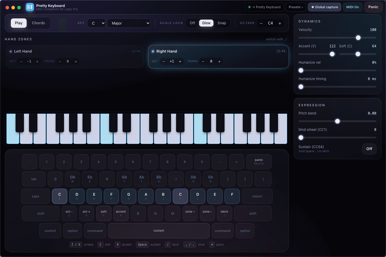 Pretty Keyboard: laptop MIDI companion for Logic Pro
