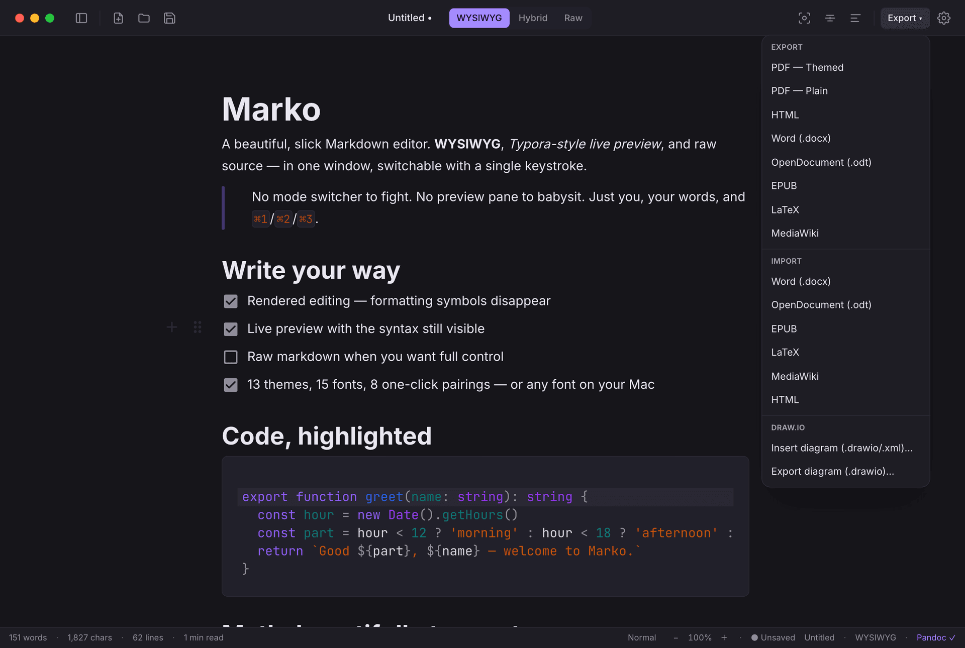 Export options in Marko